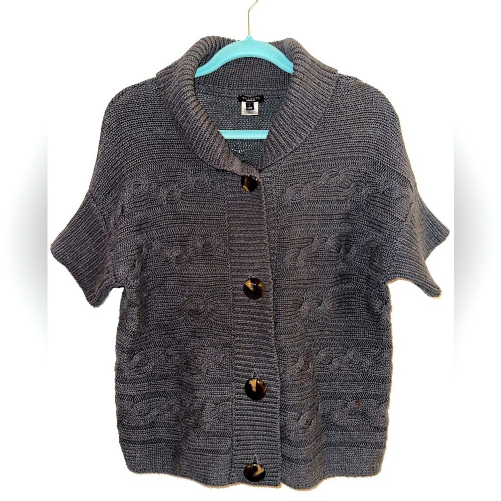 TALBOTS Women's S Button Front Short Sleeve Grey Cable Cardigan Knit Sweater (L)